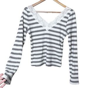 Heart & Hips Black & White Striped Lace Trim Ribbed Long Sleeve Crop Top Blouse